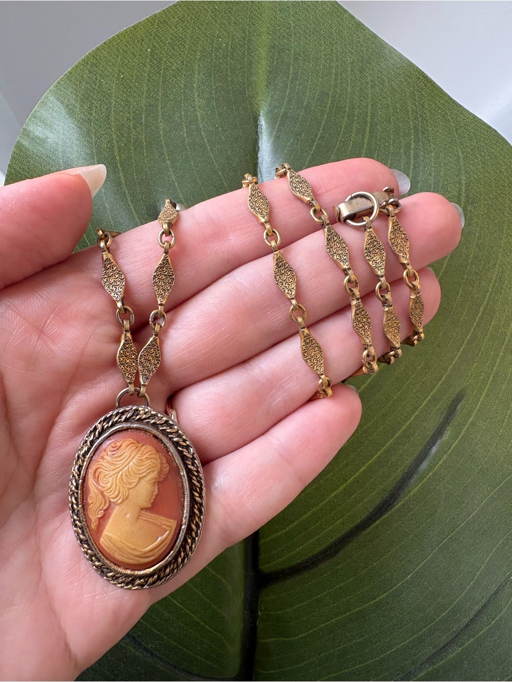 Gold Cameo Vintage Pendant Necklace with gold tone and pearl look chain